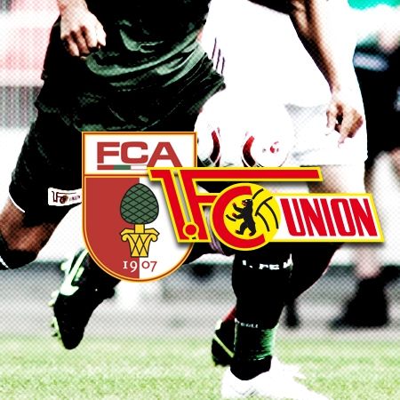 Logo des FC Augsburg und 1. FC Union Berlin, im Vordergrund ein Spieler in Aktion.