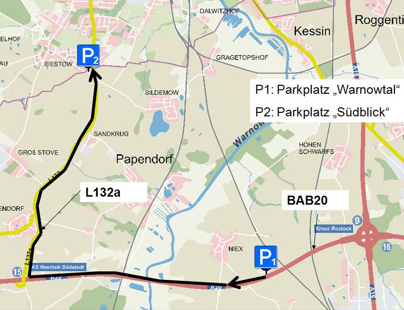 Karte mit Wegbeschreibung zu den Parkplätzen "Warnowtal" und "Südblick" sowie Straßenverlauf und Beschriftungen.