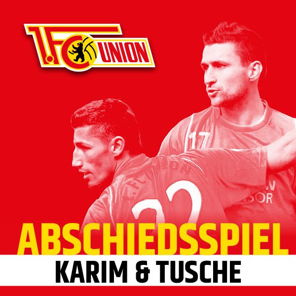 Grafik mit dem Text "Abschiedsspiel" und den Namen "Karim & Tusche", im Hintergrund zwei Spieler in roten Trikots.