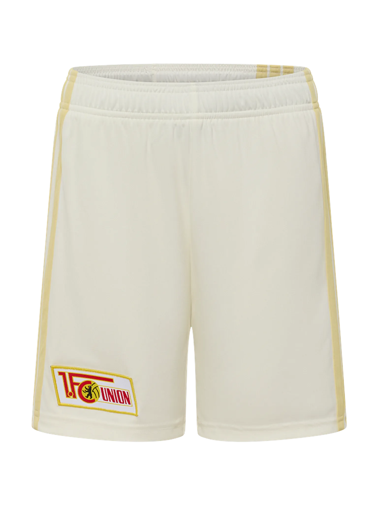 Weiße Sportshorts mit gelben Akzenten und einem Logo von 1. FC Union Berlin.
