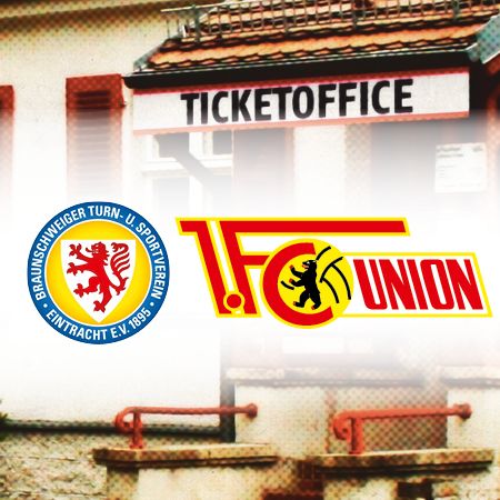 Logo der Braunschweiger Turn- und Sportvereinigung und 1. FC Union vor einem Ticketbüro.