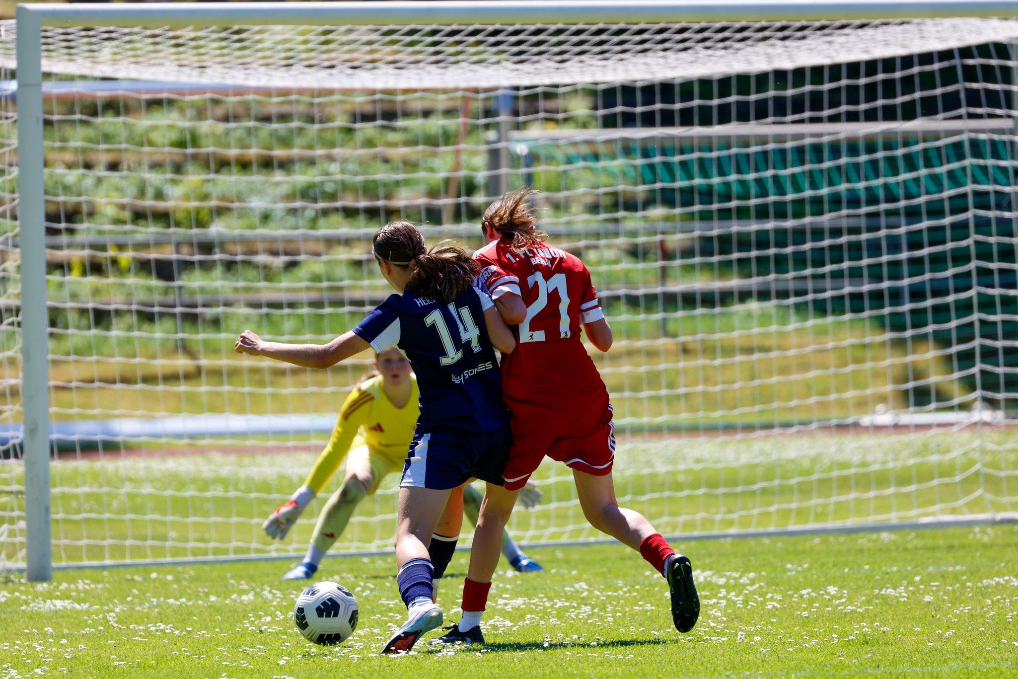 Zwei Fußballspielerinnen in blauen und roten Trikots kämpfen um den Ball vor einem Tor, während eine Torhüterin bereit ist.