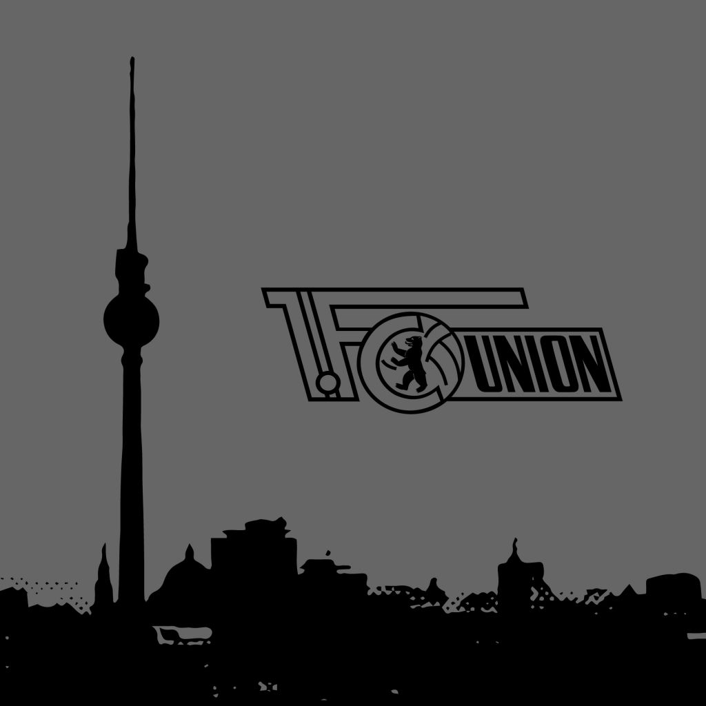 Silhouette des Berliner Fernsehturms mit dem Logo von FC Union Berlin in Schwarz-Weiß.