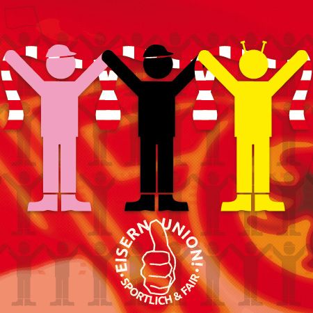 Drei stilisierte Figuren in verschiedenen Farben halten bunte Schals und stehen vor einem rot-orangefarbenen Hintergrund.