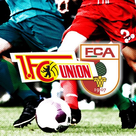 Logo von 1. FC Union und FCA, mit einem Fußball und Spielende in einem Hintergrund, der sportliche Aktion darstellt.