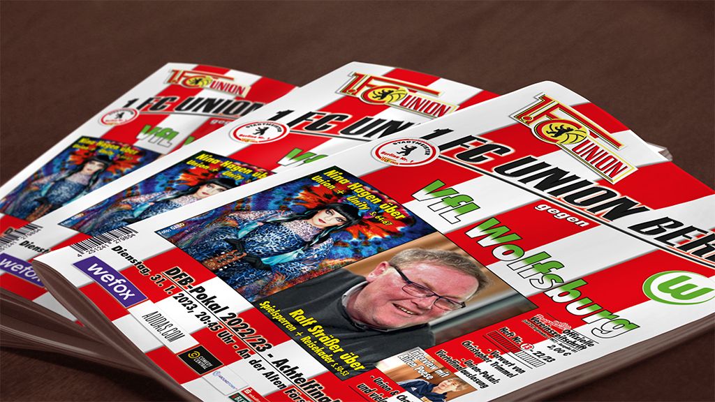 Cover eines Magazins des 1. FC Union Berlin mit Informationen zu einem Spiel gegen den VfL Wolfsburg.