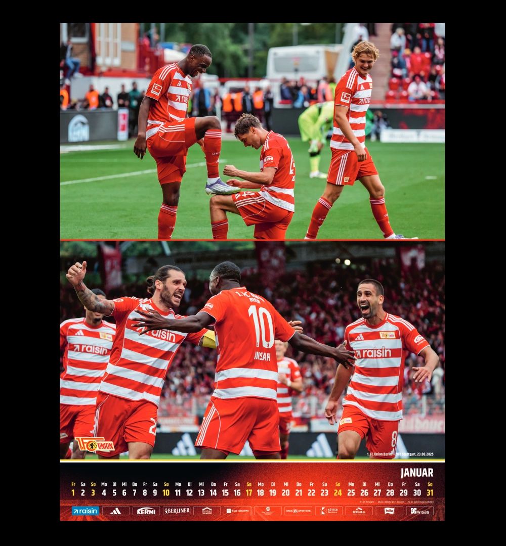 Zwei Bilder von Fußballspielern in roten Trikots, die jubeln und feiern, mit einem Kalender für den Monat Januar darunter.