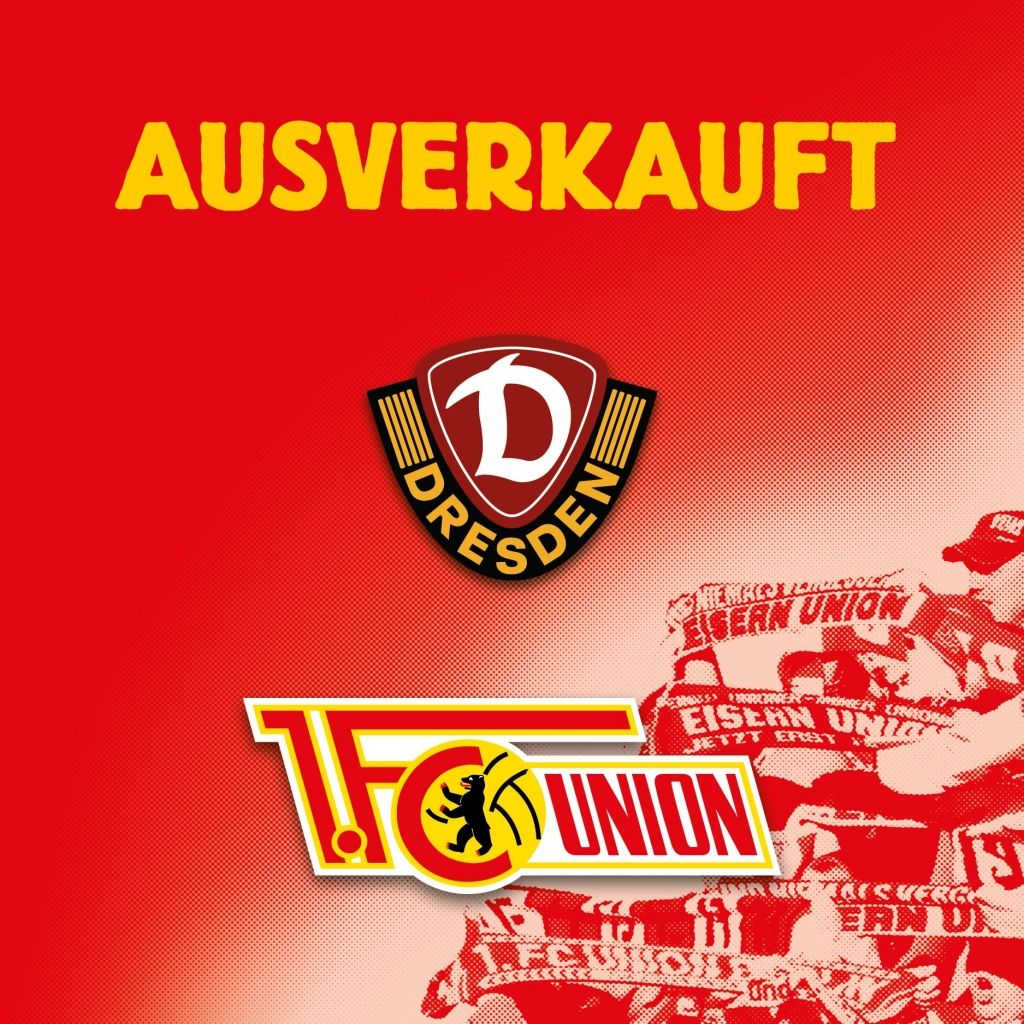 Roten Hintergrund mit dem Text "AUSVERKAUFT" und den Logos von Dynamo Dresden und 1. FC Union Berlin.