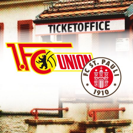 Logo des 1. FC Union Berlin und FC St. Pauli mit der Aufschrift „Ticketoffice“ im Hintergrund.