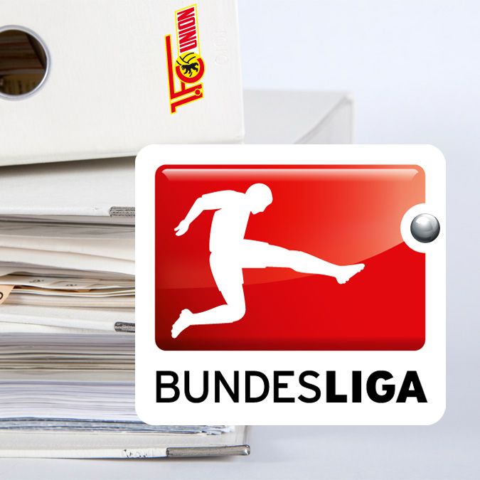 Logo der Bundesliga auf einem Hintergrund aus Akten und Ordnern.