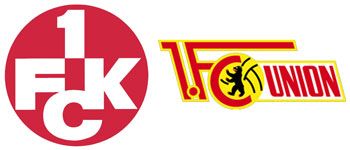 Zwei Fußballvereinslogos: 1. FC Kaiserslautern und 1. FC Union Berlin, nebeneinander in verschiedenen Farben.