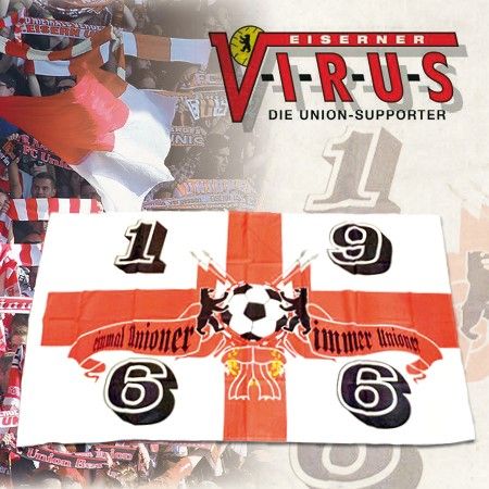 Banner mit der Aufschrift "Eiserner Virus", Fußballmotiv und den Zahlen 1, 9, 6, 6 auf einem rot-weißen Hintergrund.