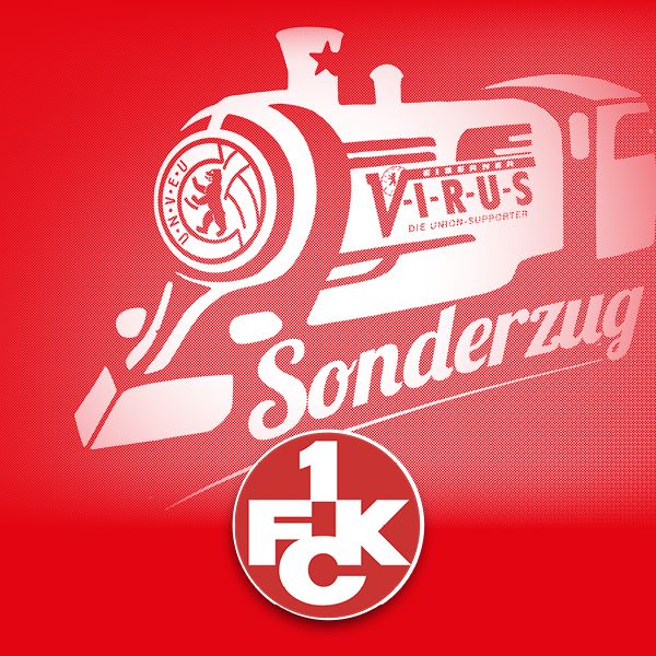 Grafik in Rot mit einem Zug und dem Text "Sonderzug" sowie "V-I-R-U-S" und dem Logo des 1. FC Kaiserslautern.