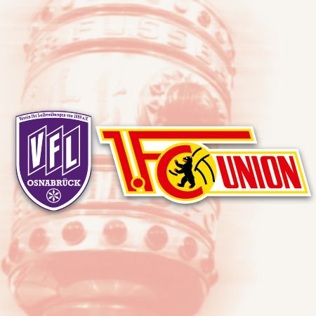 Logo des VFL Osnabrück und des 1. FC Union Berlin auf einem farbigen Hintergrund.