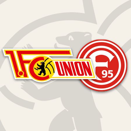 Logo des 1. FC Union Berlin und des Fortuna Düsseldorf auf einem hellen Hintergrund mit grafischen Elementen.