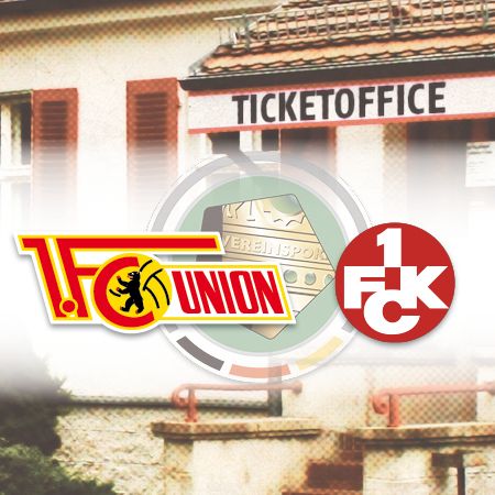 Logo des 1. FC Union Berlin und des 1. FC Kaiserslautern vor einer Ticketoffice.