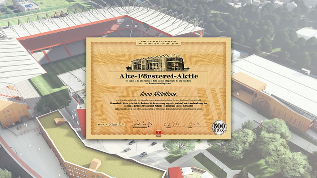 Zertifikat mit der Aufschrift "Alte Försterei-Aktie" im Hintergrund eines Stadion- oder Arenaentwurfs.