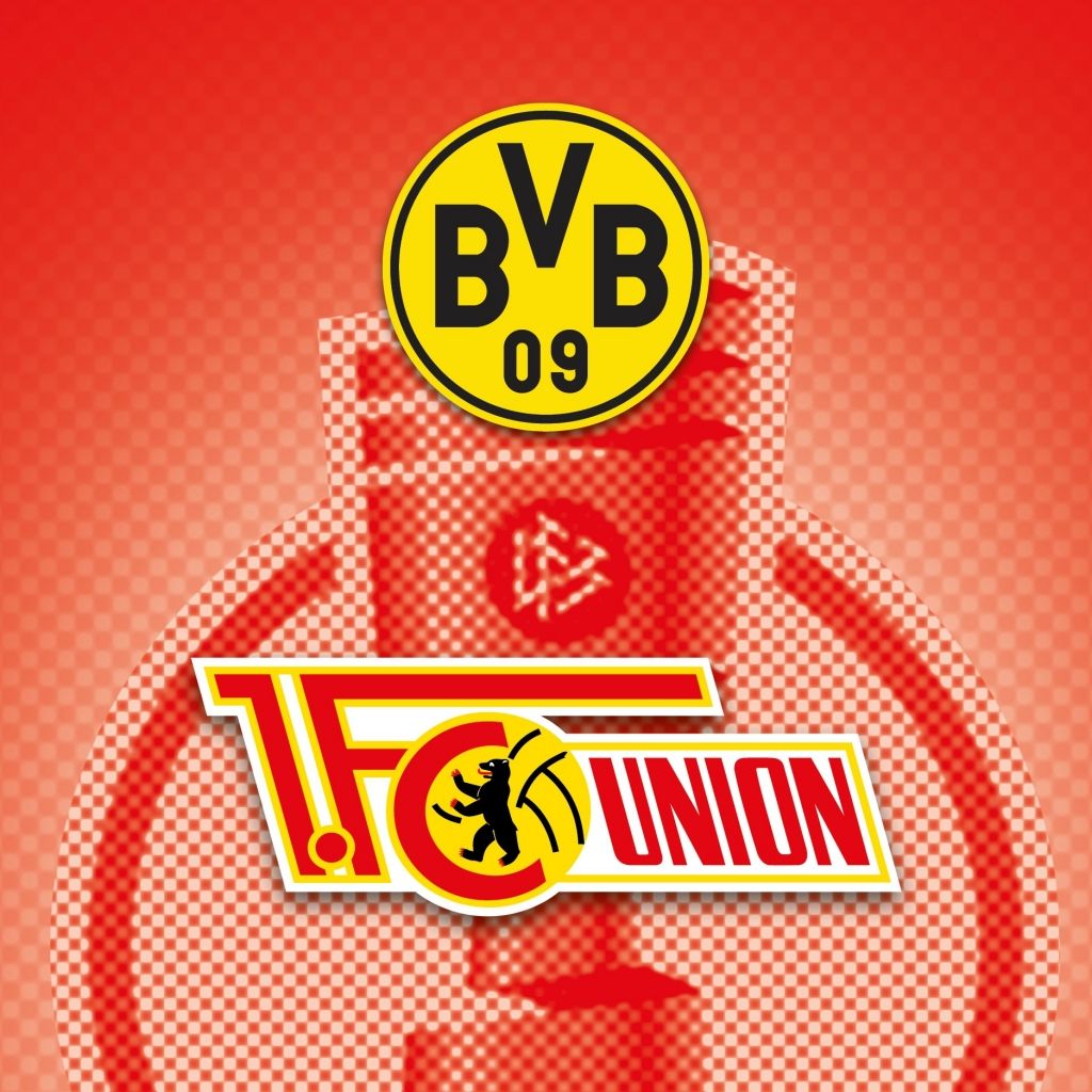 Logo von Borussia Dortmund und 1. FC Union Berlin auf einem roten, gemusterten Hintergrund.
