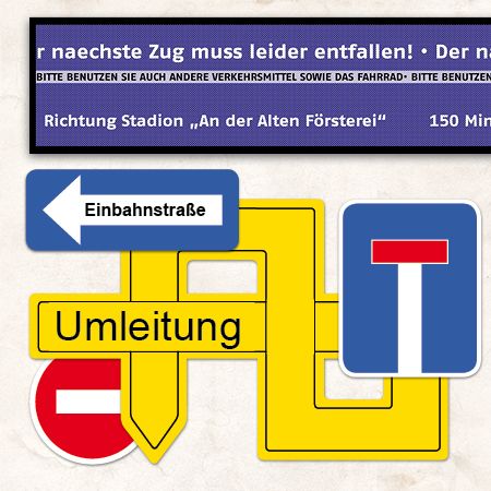 Hinweisschilder für eine Umleitung, inklusive Richtungshinweise und Informationen zu Verkehrseinschränkungen.