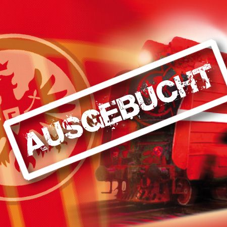 Ein roter Hintergrund mit einem stilisierten Zug und dem Aufdruck "AUSGEBUCHT" in Weiß.