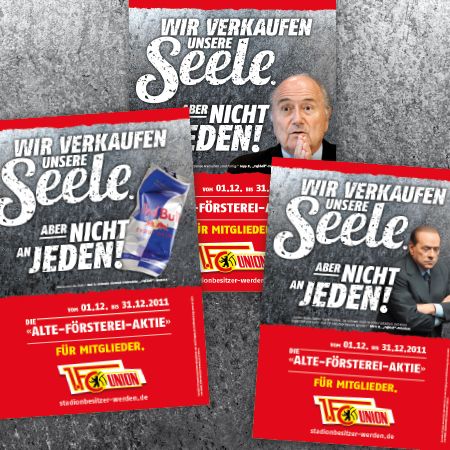 Drei Plakate mit dem Text „Wir verkaufen unsere Seele, aber nicht an jeden!“ und Bildern von einem Politikers und einer Getränkeverpackung.
