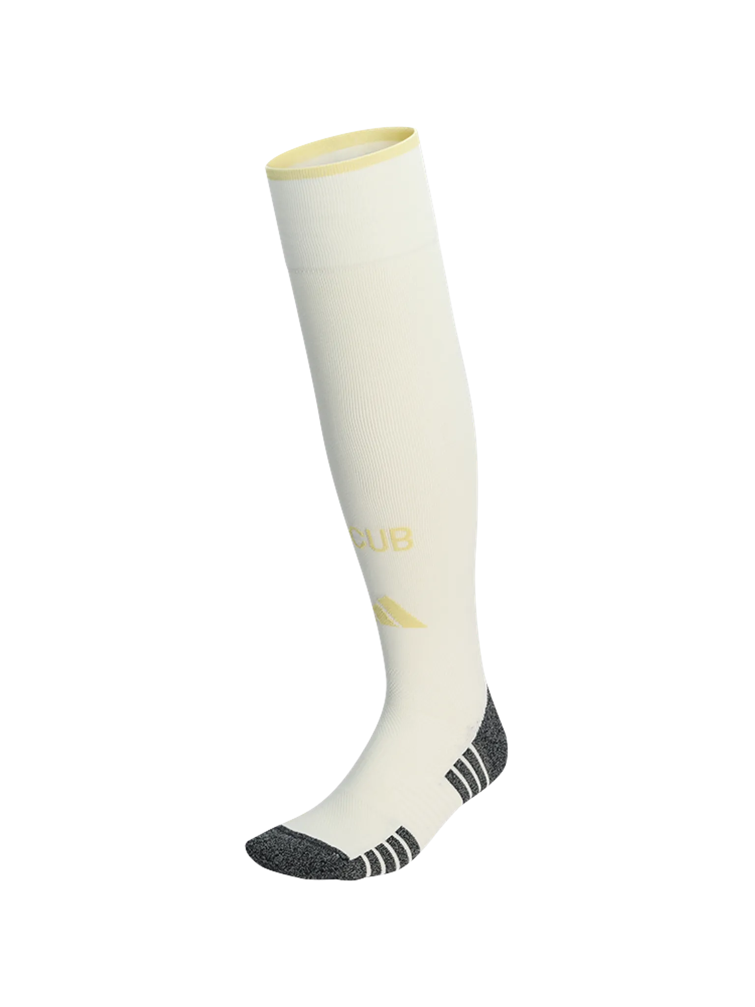 Weiße Sportsocke mit schwarzem und gelbem Design, die bis zum Knie reicht.