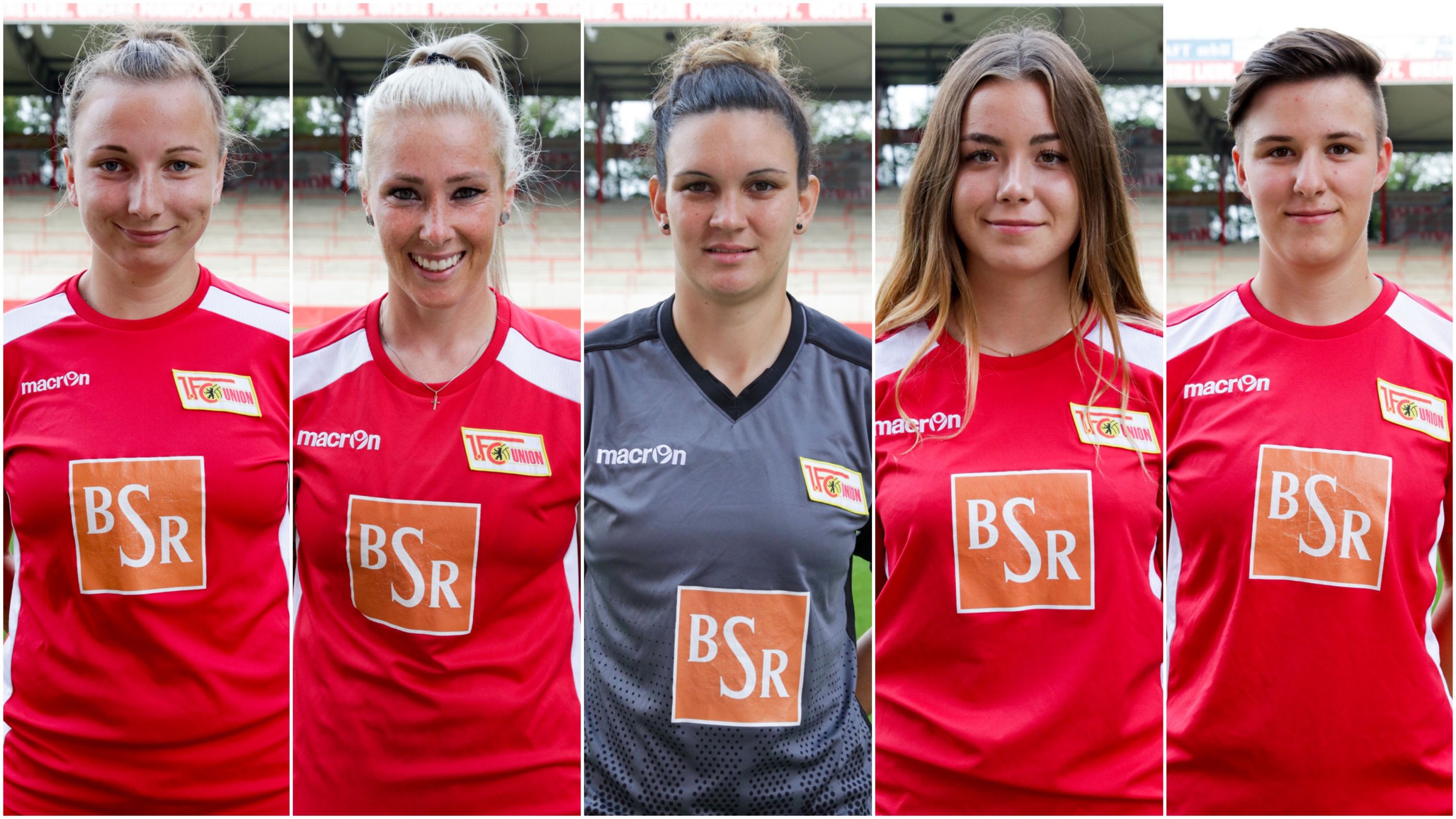 Fünf Personen in roten Sporttrikots mit dem Logo "BSR" stehen nebeneinander in einem Stadion.
