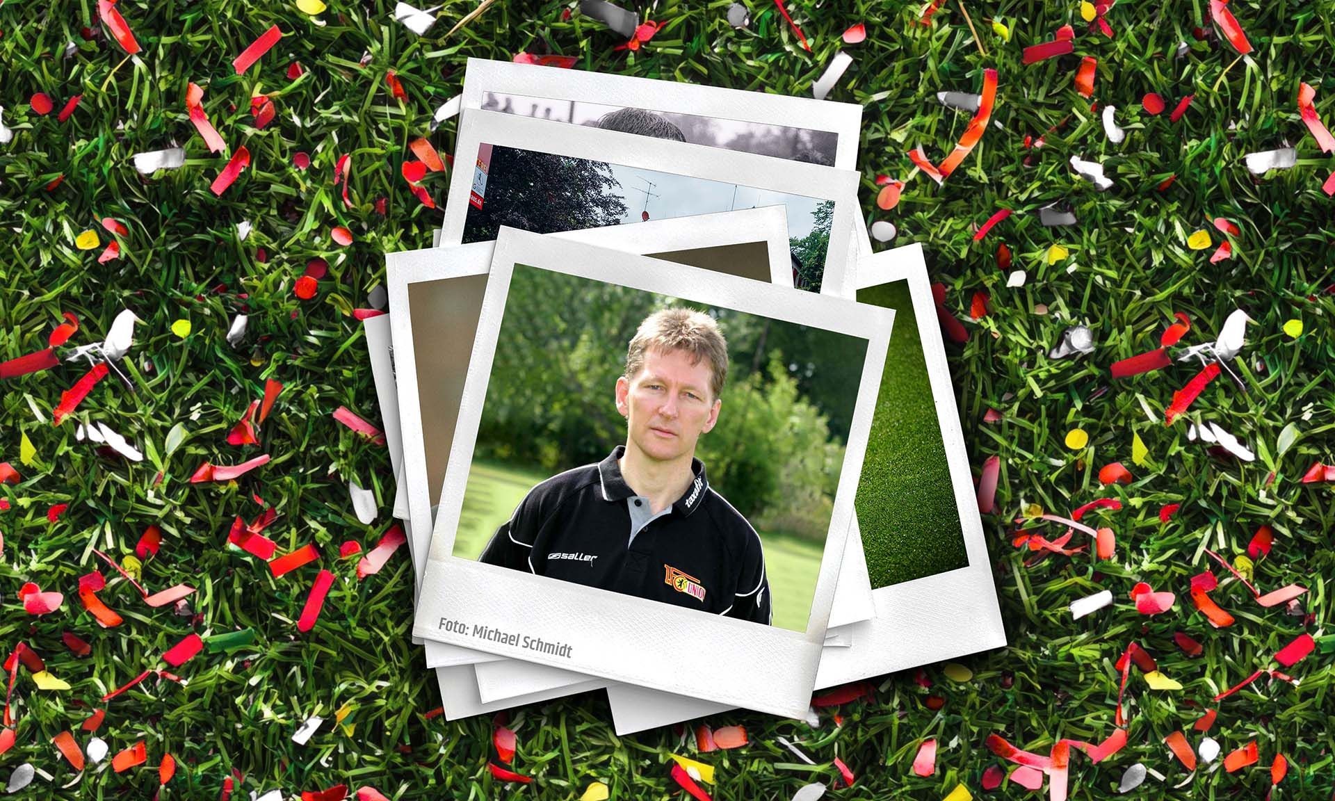 Ein Stapel von Polaroid-Fotos auf grünem Gras, umgeben von buntem Konfetti. Ein Foto zeigt einen Mann mit lässiger Kleidung.