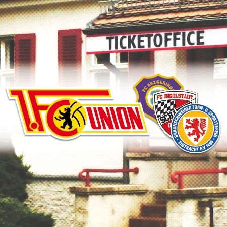 Ticketbüro mit Logos von 1. FC Union Berlin, FC Erzgebirge Aue und FC Ingolstadt.