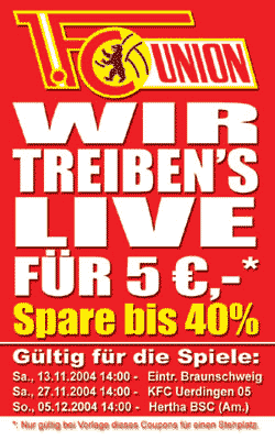 Plakat für Fußballspiele mit dem Text: "Wir treiben's live für 5 € - Spare bis 40%". Datum und Teams sind aufgeführt.