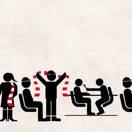 Grafik mit stilisierten Figuren, die an Tischen sitzen. Eine Figur in der Mitte hält ein gestreiftes Band hoch.