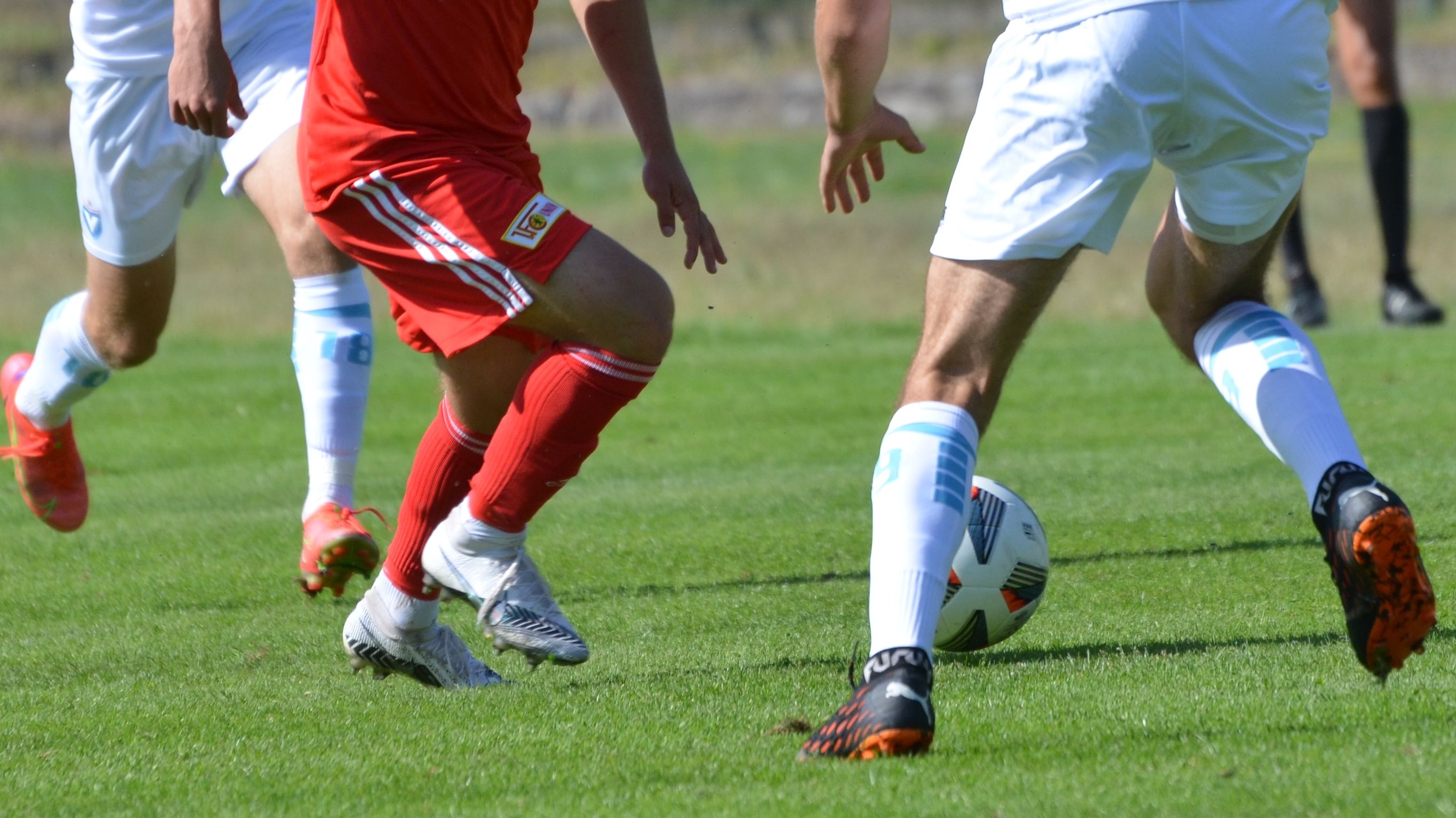 Zwei Fußballspieler in roten und weißen Trikots dribbeln einen Ball auf einem grünen Rasenfeld.
