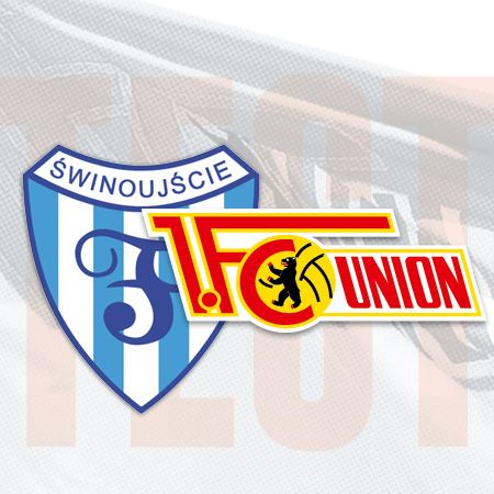 Logo von Świnoujście und 1. FC Union Berlin auf einem farbigen Hintergrund.