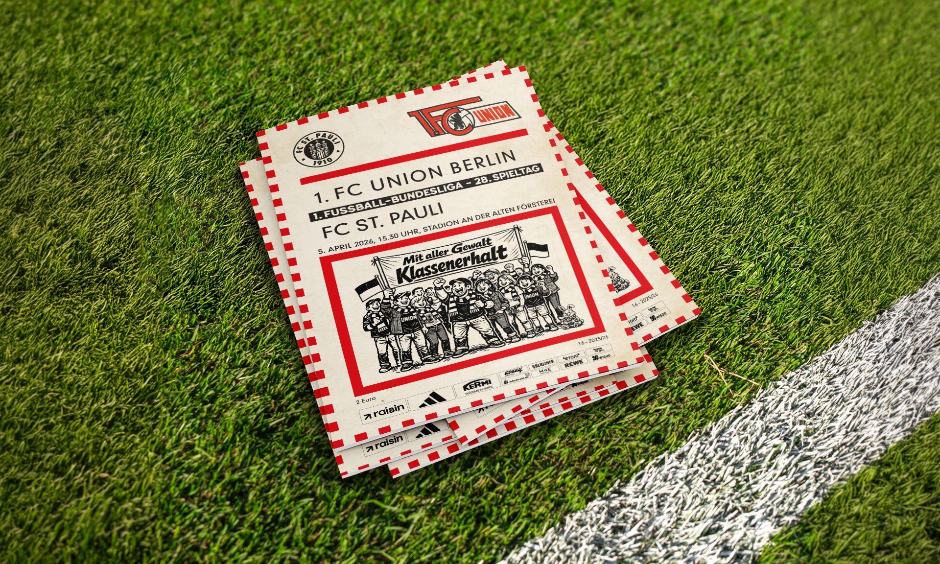 Zwei Fußballtickets für das Spiel zwischen 1. FC Union Berlin und FC St. Pauli auf grünem Stadionrasen.