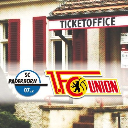 Ein Gebäude mit einem Schild "Ticket Office" und den Logos von SC Paderborn 07 und 1. FC Union.