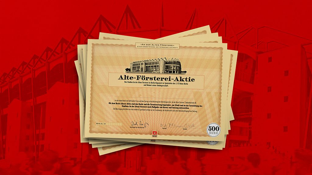 Alte Försterei Aktie auf rot hinterlegtem Hintergrund mit mehreren Aktienzertifikaten übereinander.