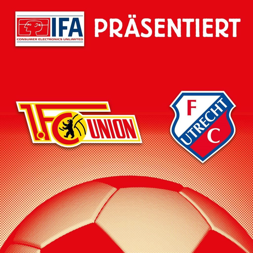 Logo von 1. FC Union und FC Utrecht auf rotem Hintergrund mit dem Text "IFA PRÄSENTIERT".