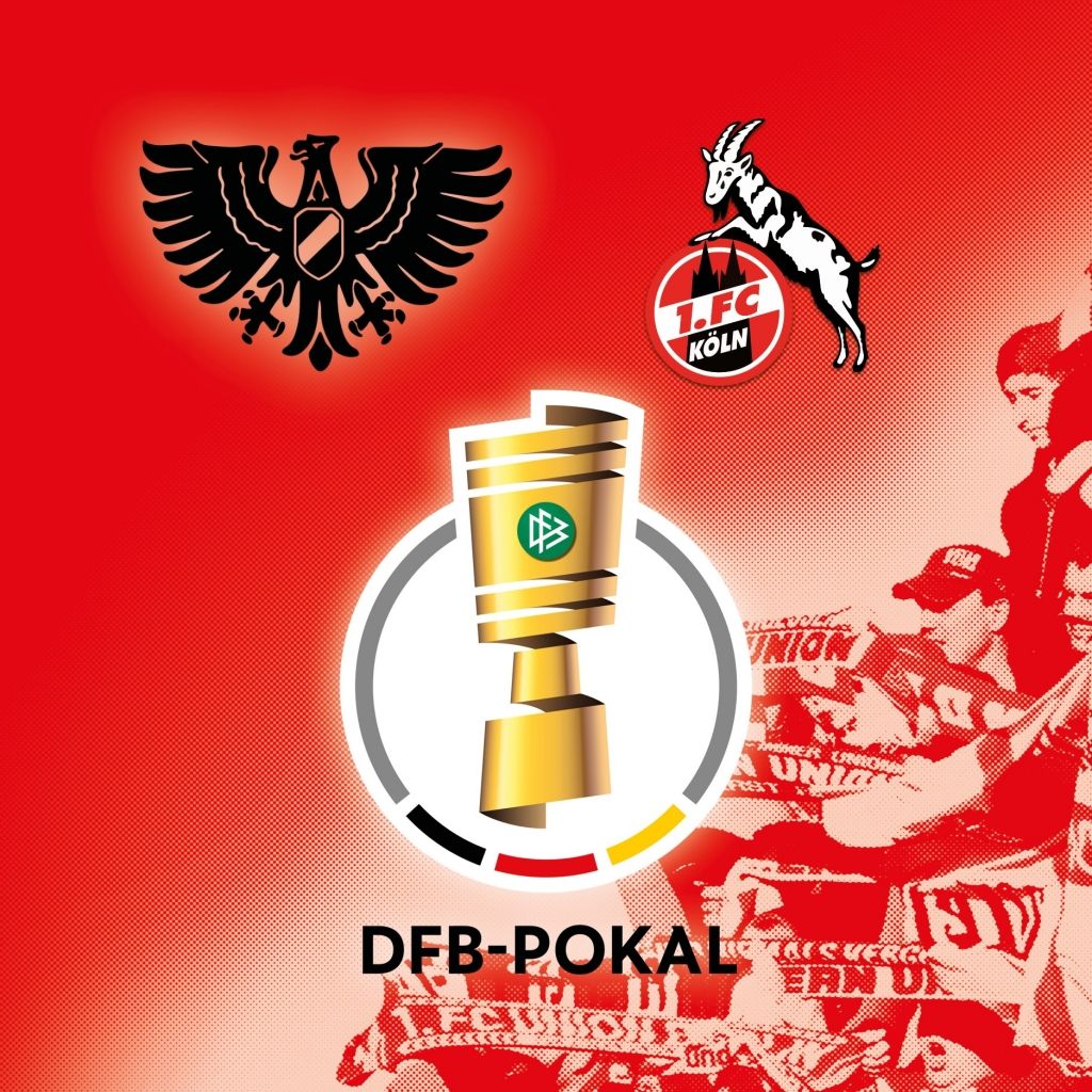 Logo des DFB-Pokals auf rotem Hintergrund, umgeben von Vereinswappen und Fanschals des 1. FC Köln und Union Berlin.