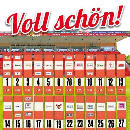 Bunt gestaltete Sponsorenwand mit Nummern und Logos in einem Stadion, beschriftet mit "Voll schön!".