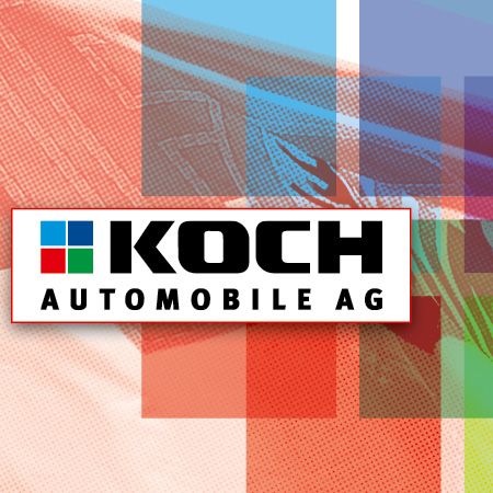 Logo der Koch Automobile AG vor einem bunten, grafischen Hintergrund.
