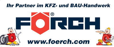 Logo von Förch mit Slogan "Ihr Partner im KFZ- und BAU-Handwerk" und stilisierten Comicfiguren.