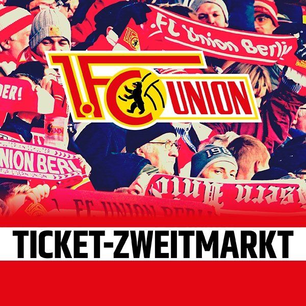 Fans des 1. FC Union Berlin in roter Kleidung mit Schals, umgeben von einem Logo und dem Text "Ticket-Zweitmarkt".
