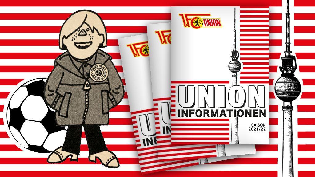 Ein Comic-Stil Charakter in einem grauen Mantel steht neben einem Fußball und einer Broschüre mit dem Titel „UNION INFORMATIONEN“.