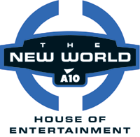 Logo von "The New World", A10, House of Entertainment, in blauen und schwarzen Farben mit kreisförmigem Design.