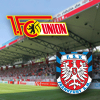 Logo des 1. FC Union Berlin und Logo des FSV Frankfurt vor einem Stadion.