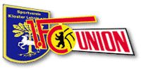 Logo des 1. FC Union Berlin mit dem Wappen des Sportvereins Kloster Lehnin im Hintergrund.