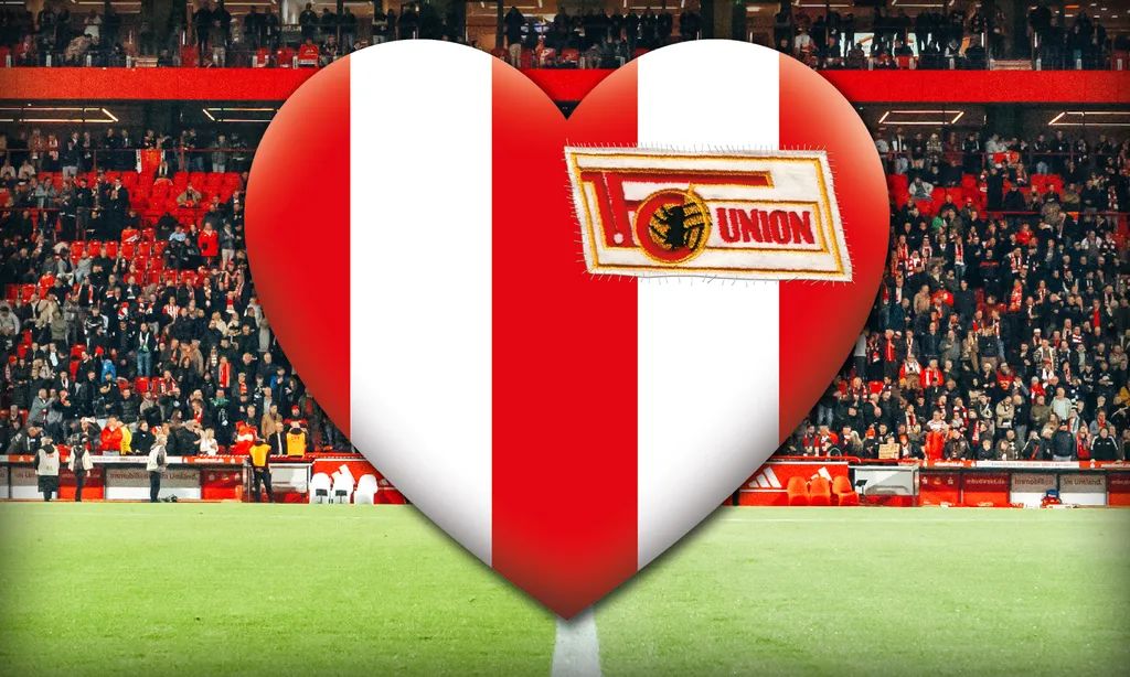 Herz in Rot und Weiß mit dem Logo von FC Union auf einem Stadionhintergrund und jubelnden Fans.