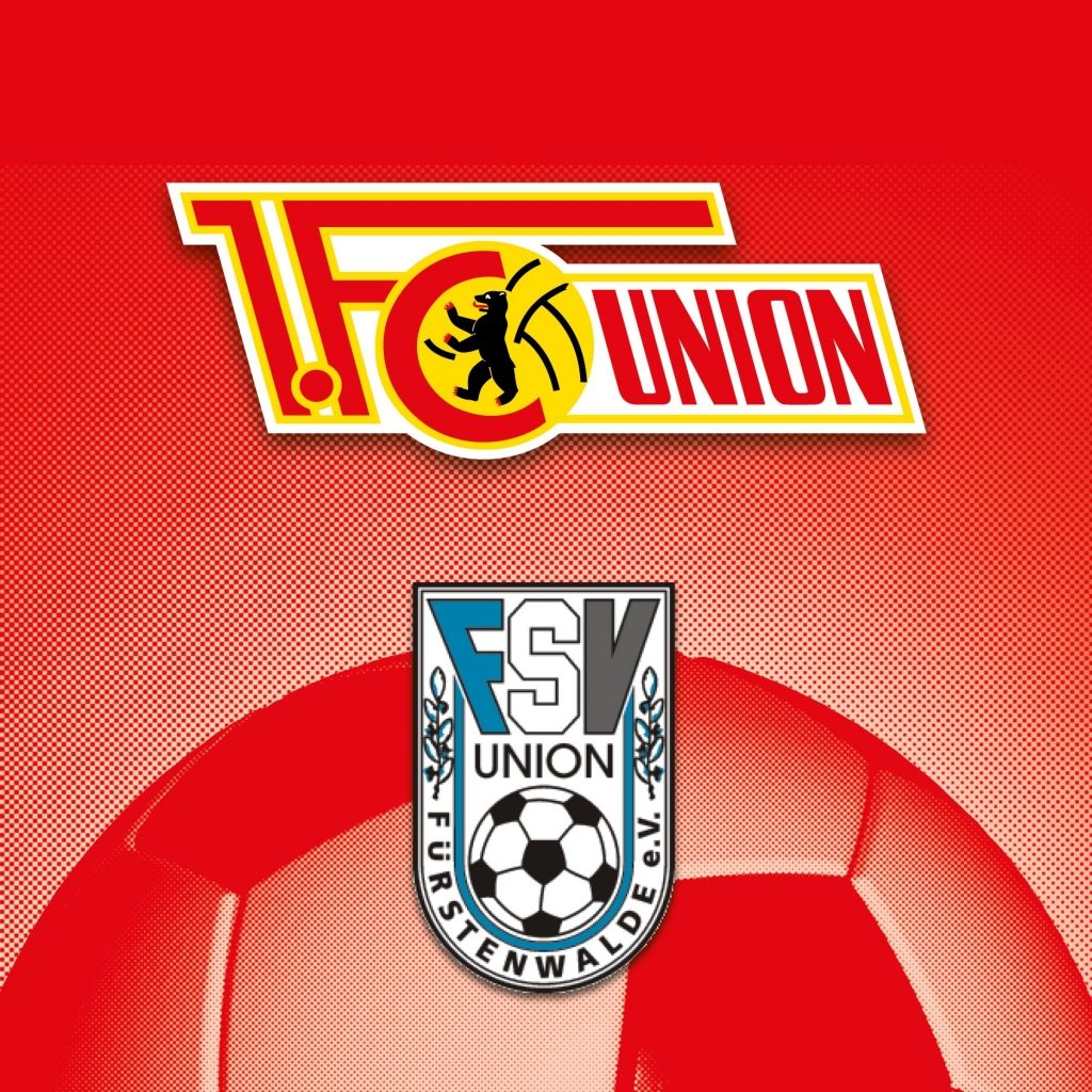 Logo des 1. FC Union Berlin und des FSV Union Fürstenwalde auf rotem Hintergrund mit einem Fußball-Icon.