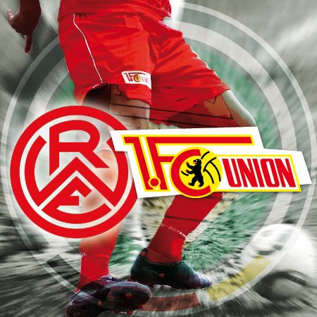 Logo von RW Erfurt und FC Union auf einem sportlichen Hintergrund mit einem Spieler in Fußballtrikots.