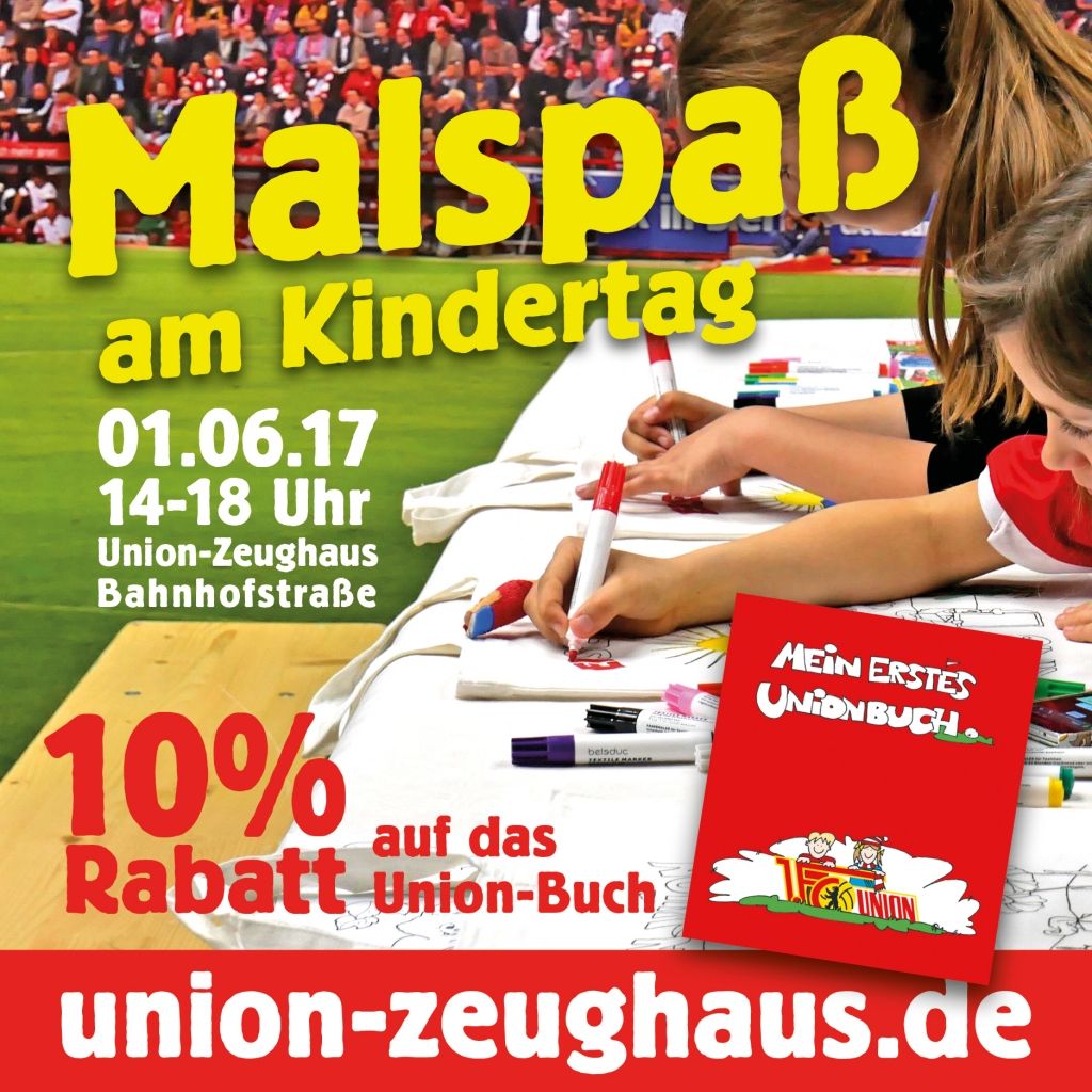 Ein buntes Plakat für eine Veranstaltung "Malspaß am Kindertag" mit Datum, Uhrzeit, Ort und Rabattangebot auf Bücher.